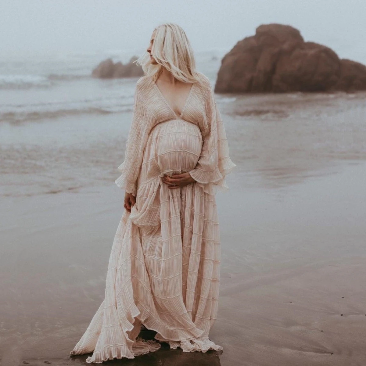 Vestido plisado de gasa bohemio para fotos maternidad y baby shower - imagen 4
