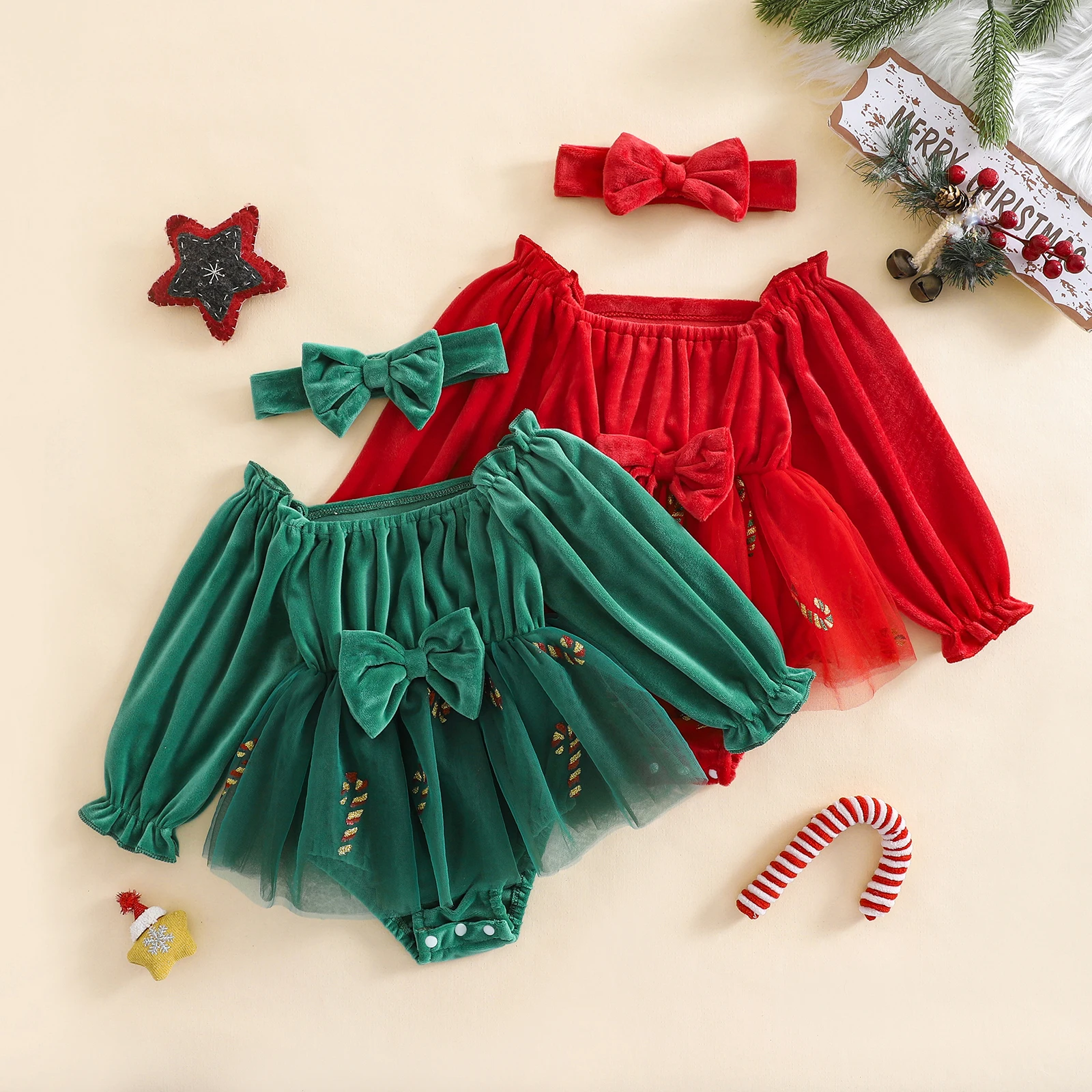 SUNSIOM, 2 uds., vestido mameluco para niñas, trajes de Navidad, falda de tul bordada con bastón de caramelo de manga larga con diadema, conjuntos de ropa - imagen 2