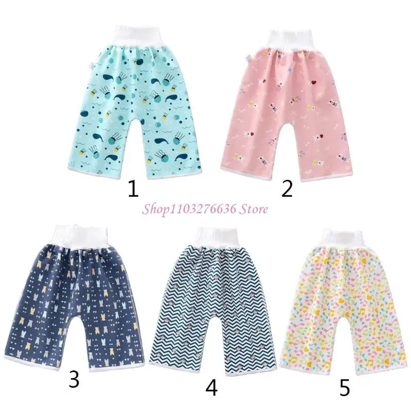 R6FD cómodos pantalones cortos falda pañal para niños 2 en 1, pantalones algodón lavables antimojar cama, pantalones