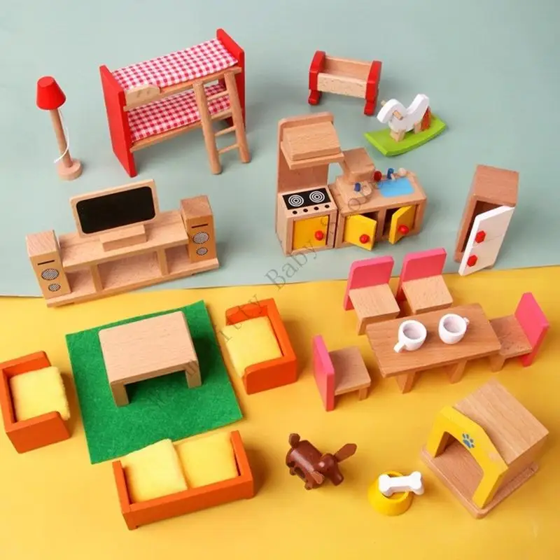 XXFE Juego Muebles en Miniatura Madera, Accesorios Escena para Dormitorio, Cocina y baño para niños pequeños, Juego