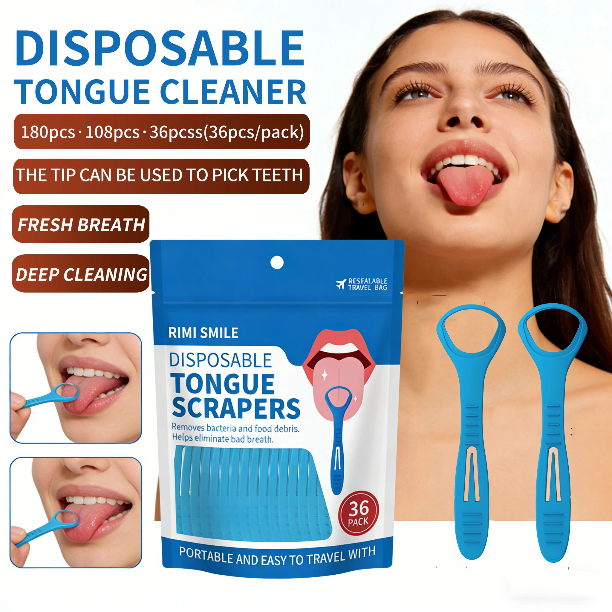 Herramienta bucal liviana 2 en 1 |   Rascador de lengua + palillo de dientes para viajeros, campistas y hogar, herramienta portátil de cuidado bucal para viajes y acampadas