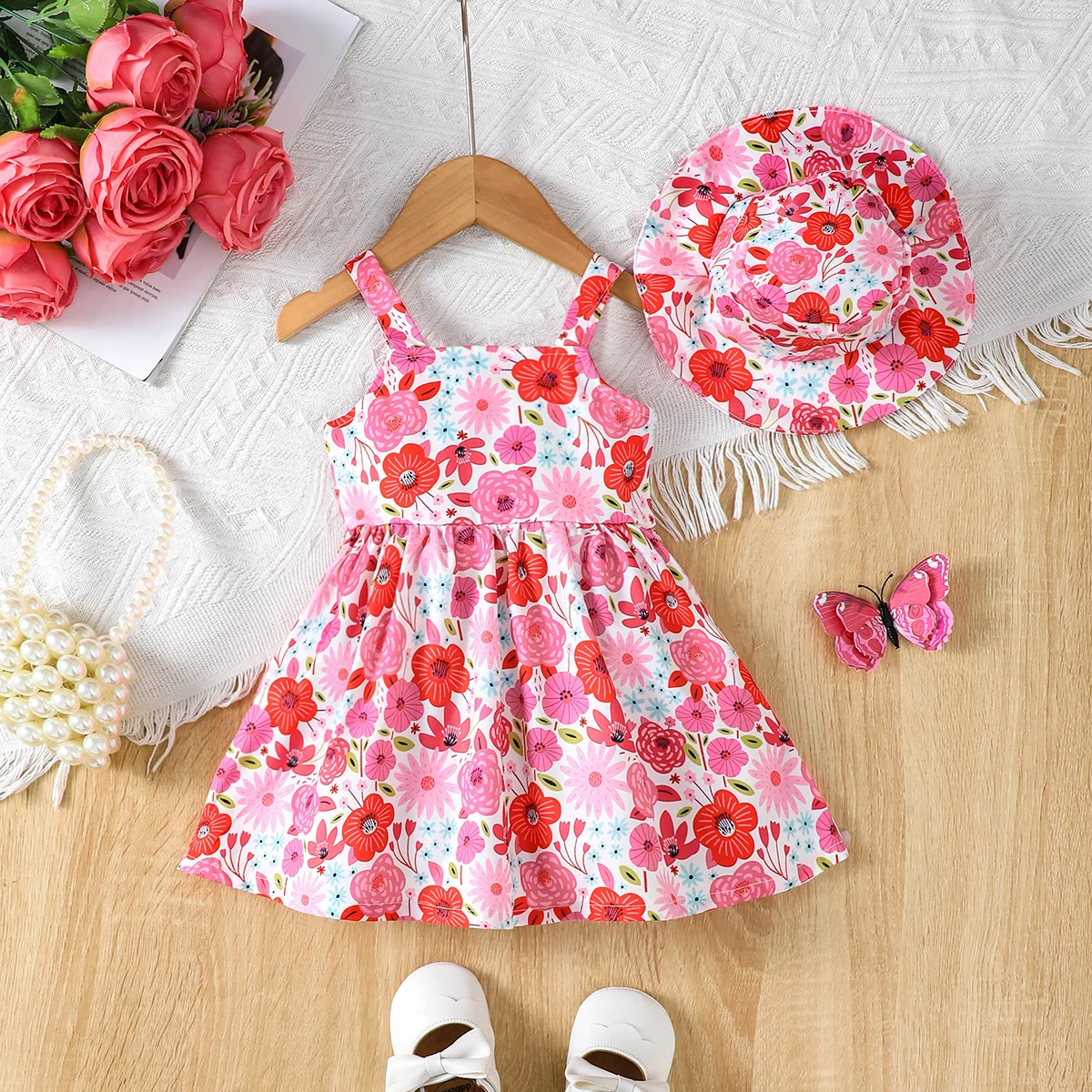 Vestido de verano para niña recién nacida, vestido sin mangas con tirantes para la playa + sombrero para el sol, vestidos de princesa, 2 uds., ropa para niño niña de 0 a 3 años