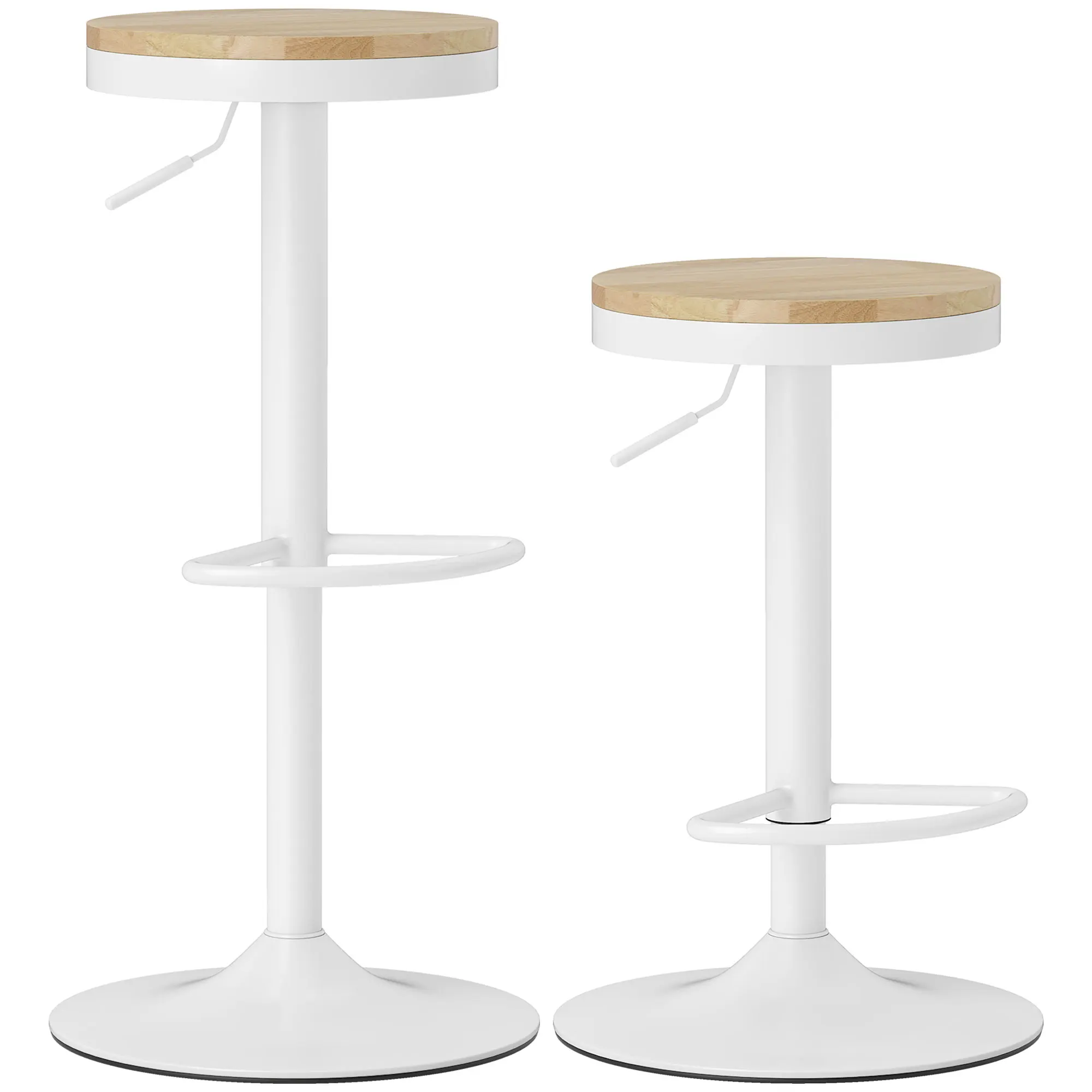 HOMCOM Juego de 2 Taburetes de Bar Giratorios Taburetes Altos de Cocina con Altura Ajustable 60-80 cm Asiento de Madera Marco de Acero y Reposapiés para Comedor Mostrador Natural y Blanco - imagen 2