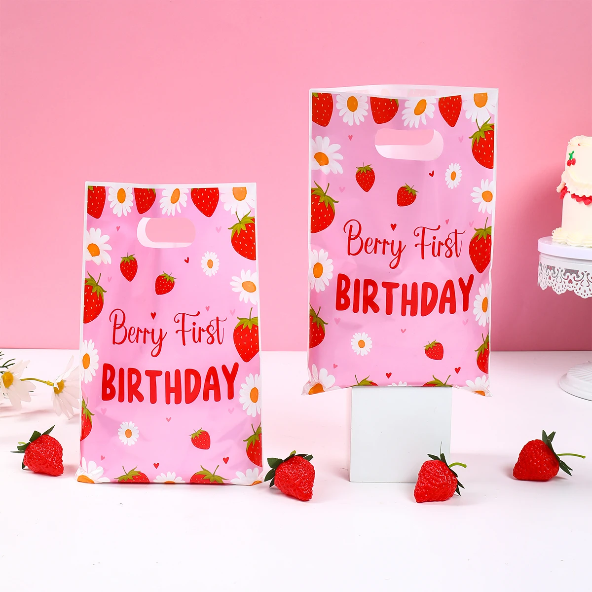 Bolsas de embalaje de regalo con tema de fresa y fruta dulce, bolsa para pastel de caramelo, decoración para fiesta de cumpleaños, Baby Shower, 10/25/50 Uds.