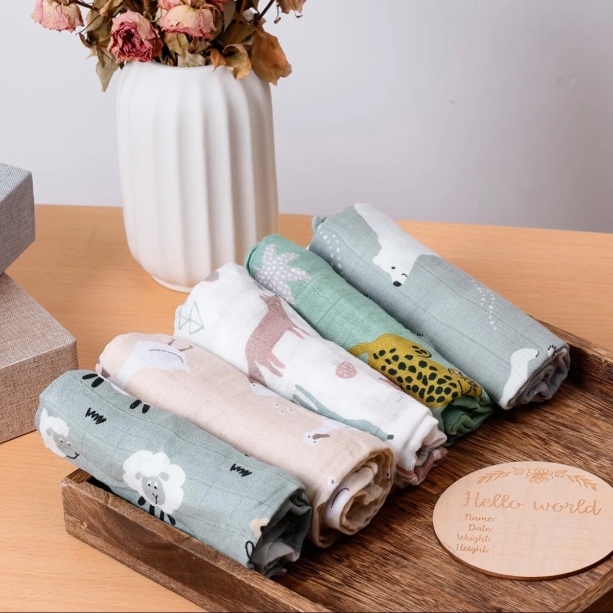 HappyFlute 5 unids/set lindos animales estampado muselina Swaddle alimentación eructo paño recién nacido suave tela de algodón de bambú manta toallita