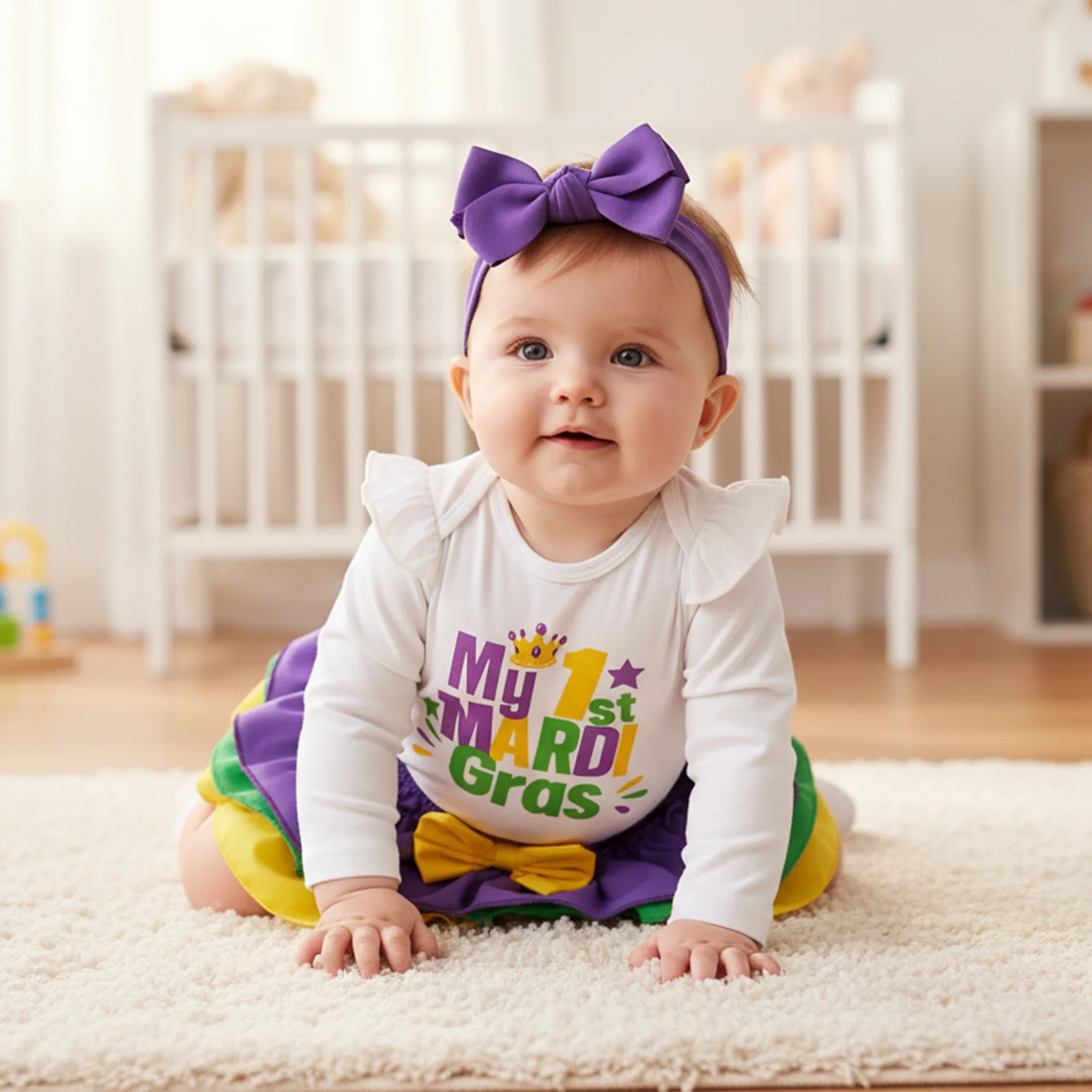 SUNSIOM Conjunto de 3 piezas de mameluco de manga larga con letras de Mardi Gras para niña, falda con gradas y diadema con lazo - imagen 5