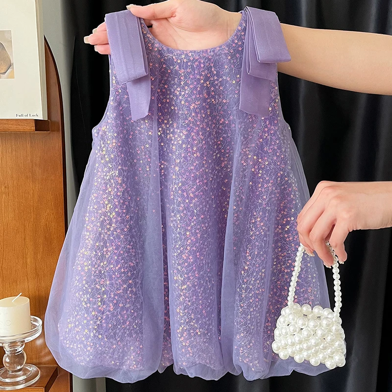 Vestidos de lujo para bebés de verano, ropa para niños, moda coreana para niñas, vestido de cumpleaños sin mangas con lazo de malla, ropa de Boutique para niños B1200 - imagen 2