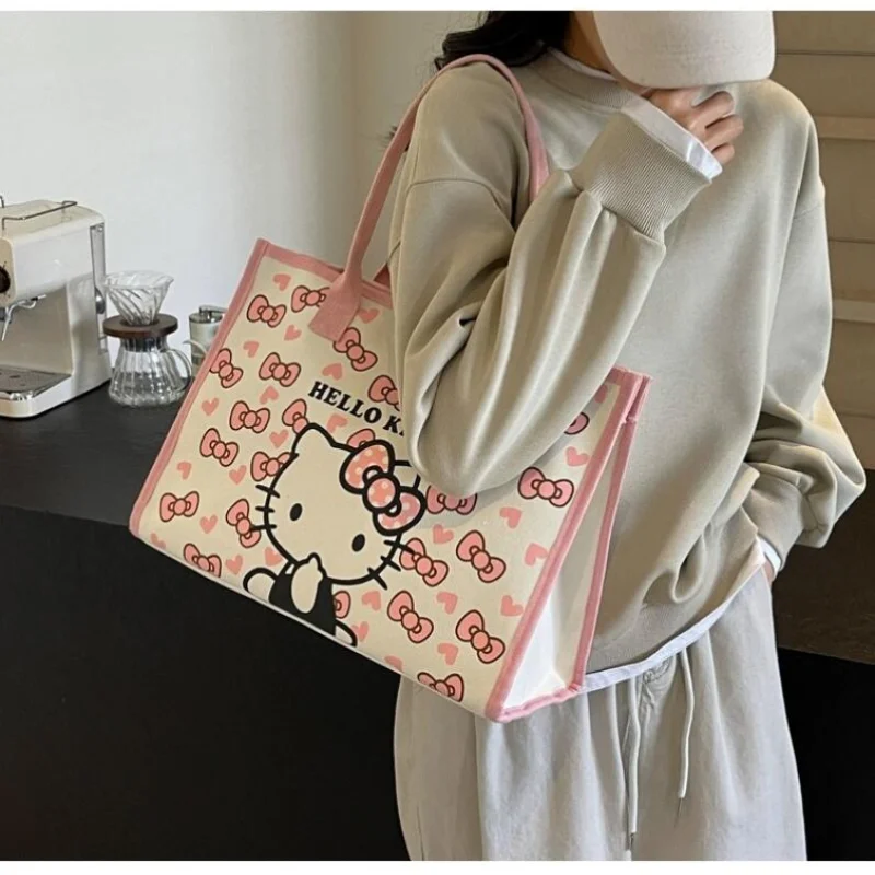 Hello Kitty, bolso de lona Retro que combina con todo, bolso de hombro para ir al trabajo para mujer, bolso escolar de dibujos animados de gran capacidad para chica y estudiante, regalos para niñas - imagen 4
