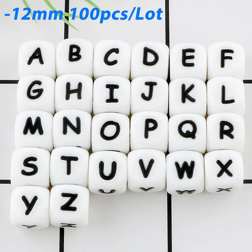 12mm 100 Uds cuentas de letras de silicona mordedor del alfabeto inglés para nombre personalizado DIY para fabricación de joyas
