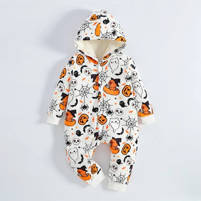 Mameluco con capucha cálido de otoño e invierno para bebé neutro de género: lindo mono con estampado de calabaza y fantasma, mono acogedor para Halloween al aire libre