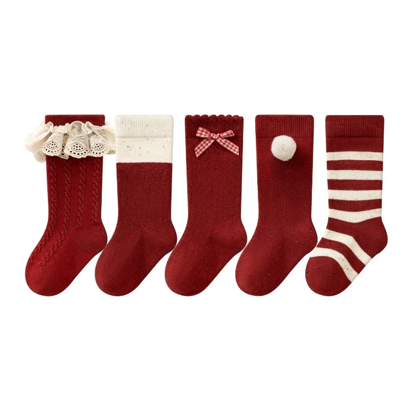 Nuevos calcetines de princesa de otoño para bebés y niñas: encaje rojo, lazo, ideales para niños pequeños, niñas mayores, bebés, Año Nuevo. - imagen 5