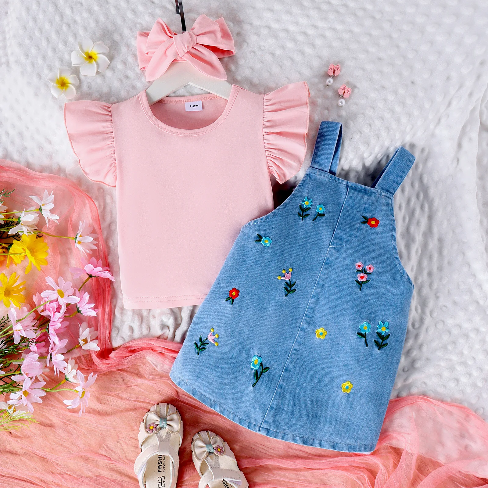 Conjuntos de 3 piezas de ropa de verano para bebé, vestido vaquero sin mangas con flores bonitas coreanas, Tops y banda para el pelo, ropa de Boutique para niños pequeños BC838 - imagen 2