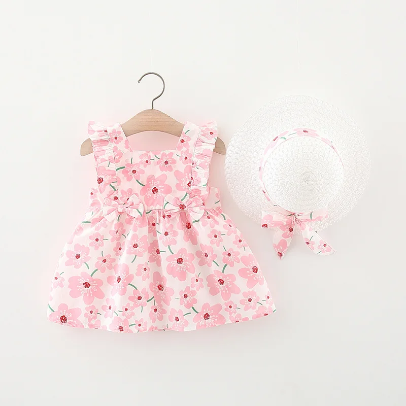 Conjuntos de 2 piezas de vestidos de verano para niñas, moda coreana, vestido rosa sin mangas bonito de princesa para bebés, vestido de flores + sombrero para el sol, ropa para recién nacidos BC185 - imagen 2