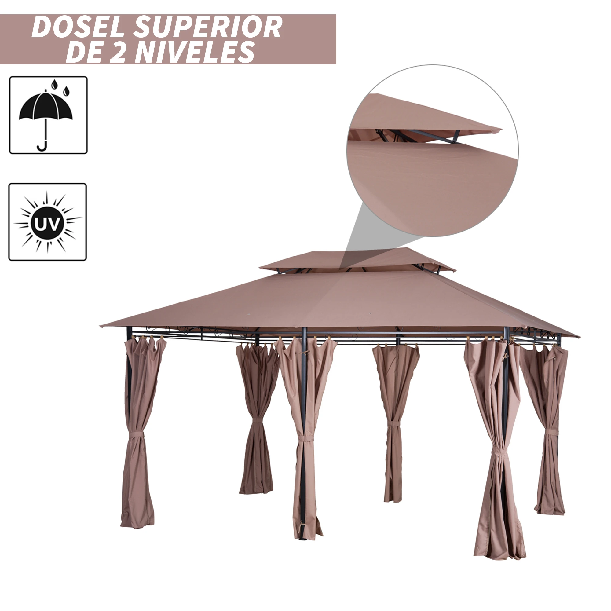 Outsunny Cenador de Jardín 3x4 m Gazebo de Exterior con Paredes Laterales Doble Techo 6 Puertas con Cremallera y 8 Orificios de Drenaje para Terraza Patio Playa Caqui - imagen 4