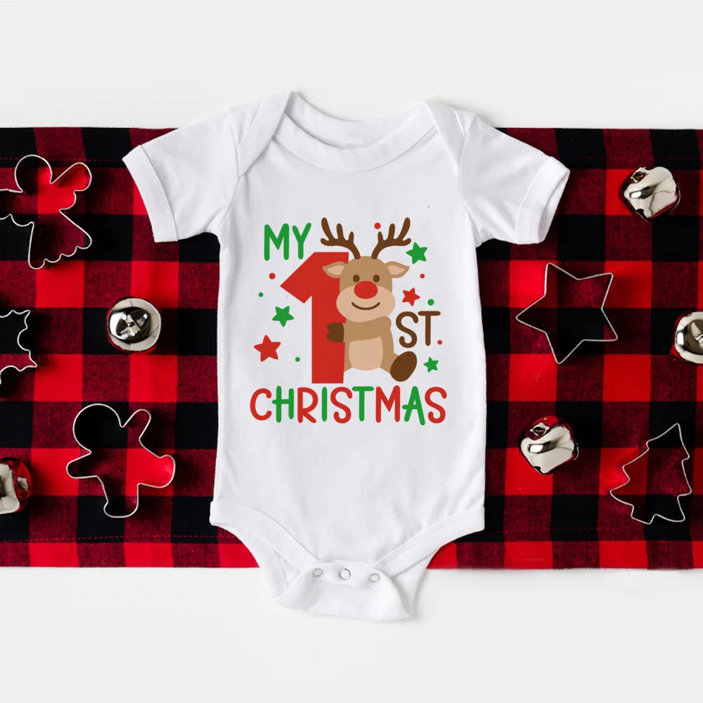 Mameluco con estampado de mi primera Navidad para bebé, traje infantil para fiesta de Navidad, mono de manga corta para niños y niñas, mono de Navidad para niños pequeños, ropa - imagen 4