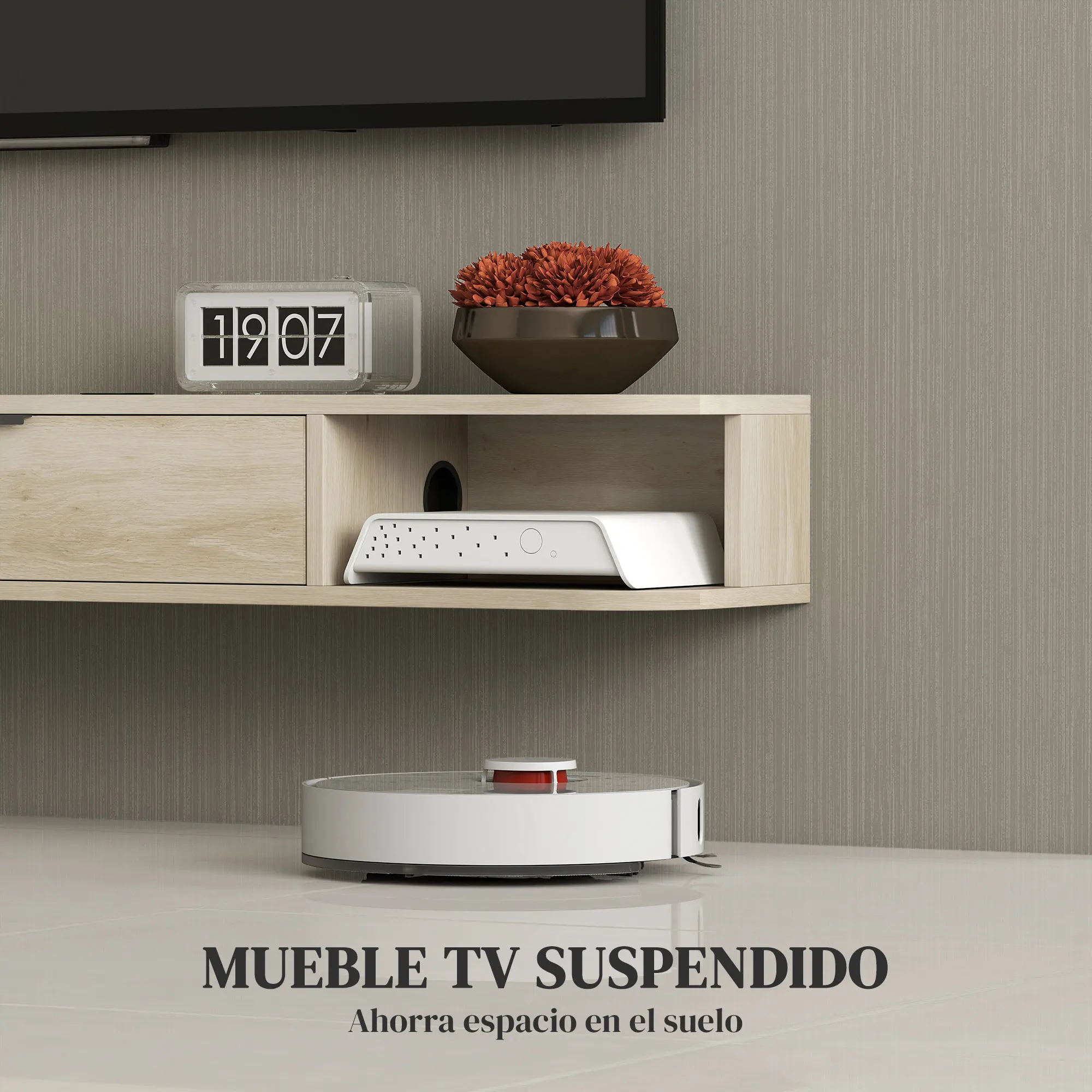 HOMCOM Mueble de TV Suspendido, Mueble de TV para Salón con Cajón Abatible, 2 Estantes Abiertos, Gestión de Cables, Estilo Moderno, para Televisión 50 Pulgadas, 120x24x16 cm, Madera Natural - imagen 4