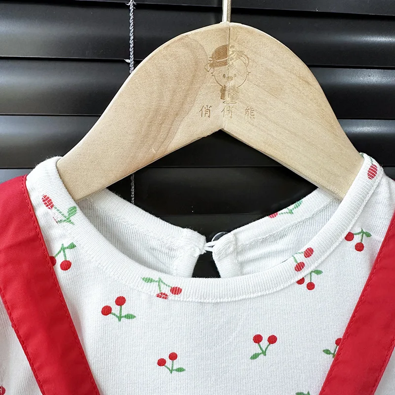 Conjunto de ropa para niñas de 9m -3T, camiseta de cereza con manga acampanada y monos bordados, traje para niñas de 2 uds. - imagen 2