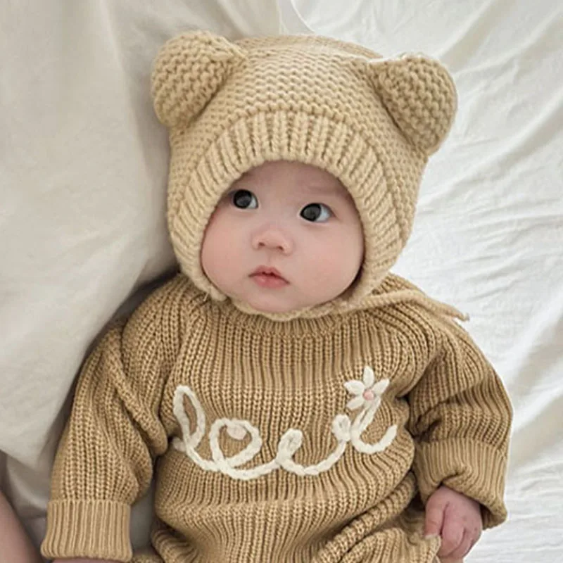 Gorro con orejas de oso ganchillo para bebés y niños otoño invierno