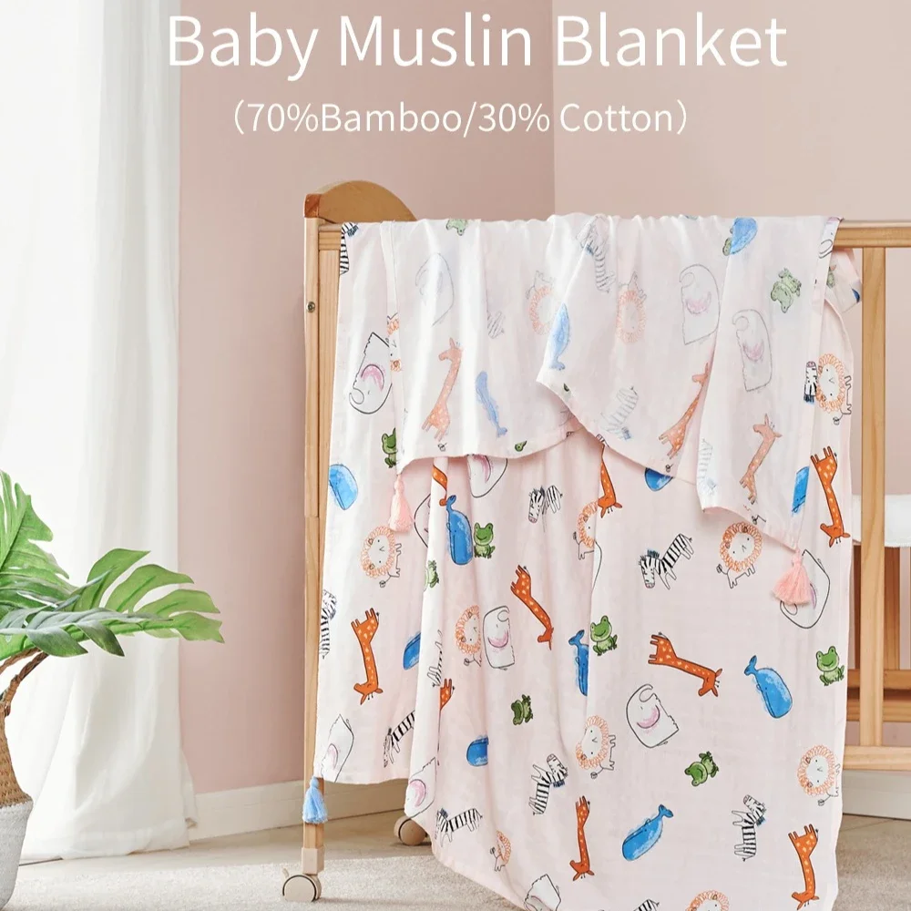 Toalla de baño INSULAR para recién nacido, manta suave de muselina para chico, tela envolvente de algodón para bebé, manta para bebé, tela orgánica con borlas, verano 110x156CM