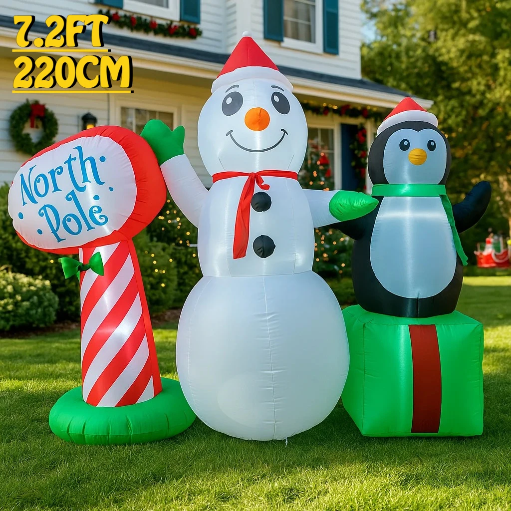 Decoración navideña al aire libre de 7,2 pies, muñeco de nieve, pingüino, poste Norte, decoración inflable para fiesta de patio, luces de adorno de Navidad, juguete para el hogar