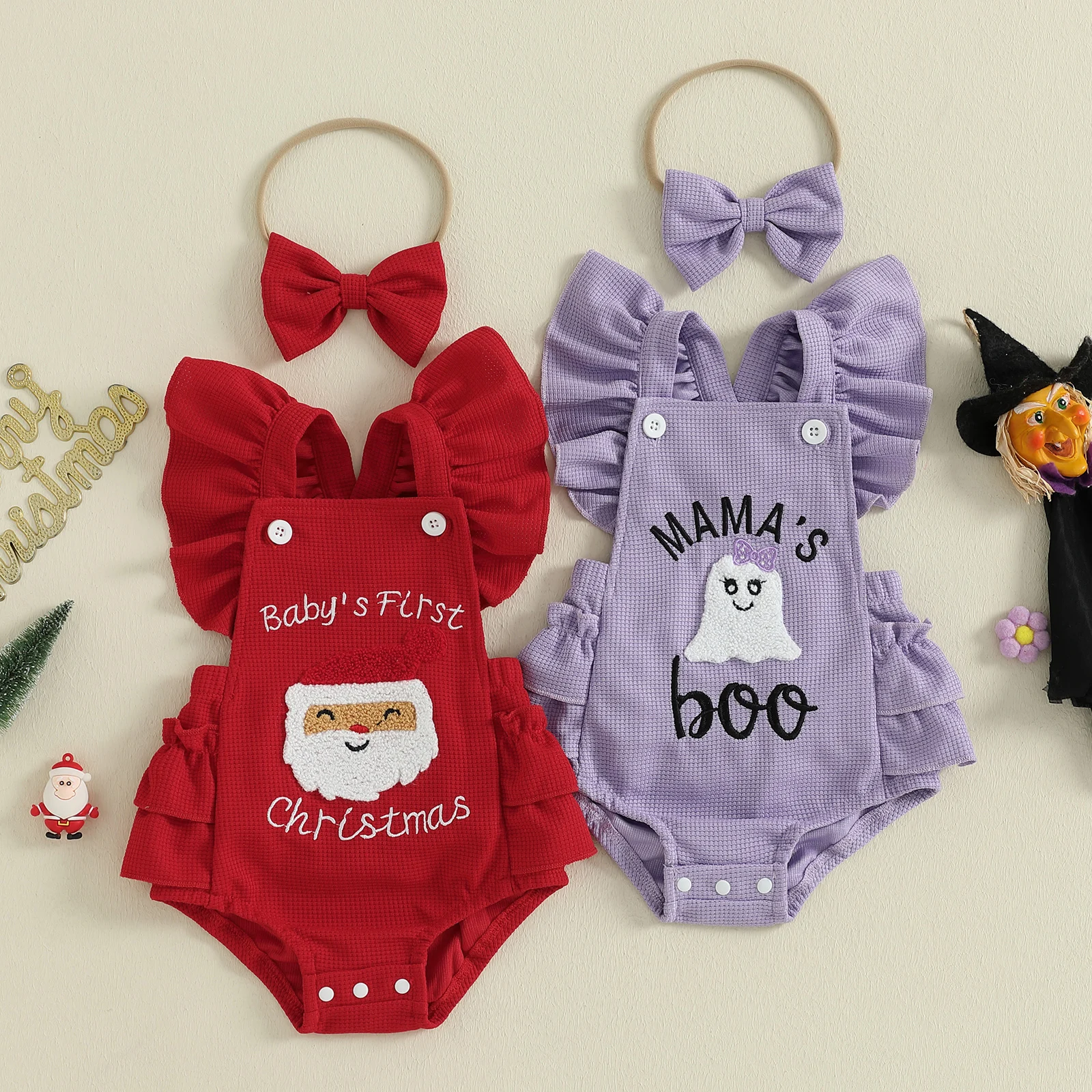 VISgogo Conjunto de 2 piezas de mameluco de manga voladora bordado con letras de Papá Noel/Halloween para niña de Navidad/Halloween y diadema con lazo - imagen 2