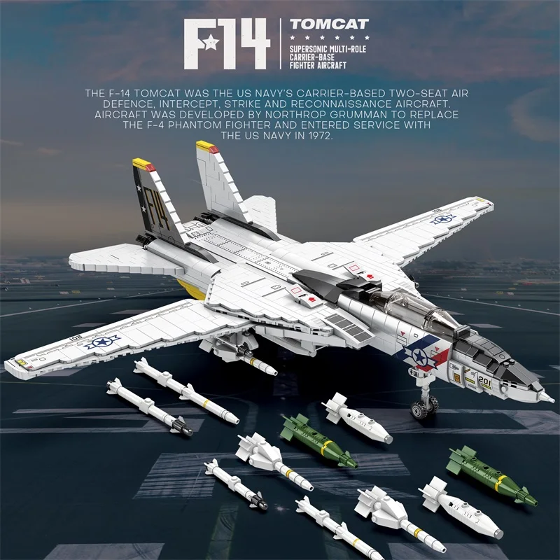 Bloques de construcción de aviones de combate militares Tomcat F14, 1443 Uds., MOC Carrier-Base, modelo de combate, juego de ladrillos, regalos de vacaciones, juguetes para niños - imagen 2