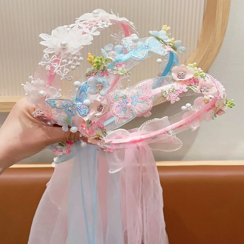 Vestido de princesa para niños, corona de mariposa, broche para el pelo, diademas para niñas, lazo de encaje, accesorios para el cabello de cumpleaños para bebés - imagen 2