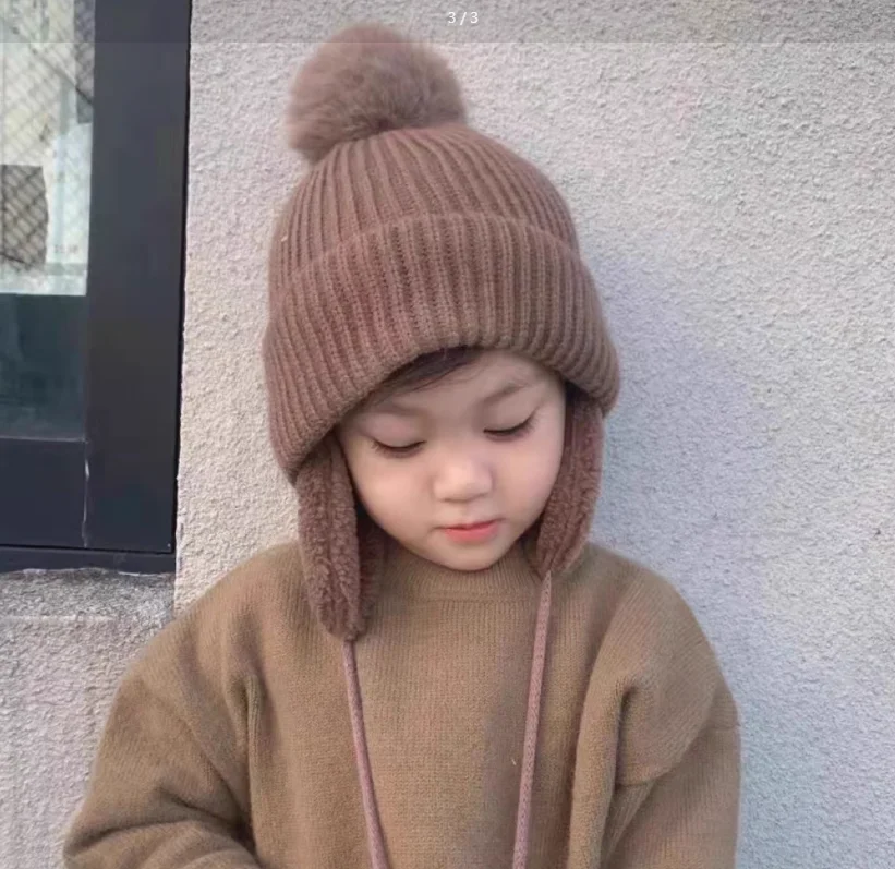 Gorro de bebé de 2-8T, gorro con pompón grande con orejeras, gorro tejido de lana de felpa para niños y niñas, accesorios gruesos y cálidos para invierno