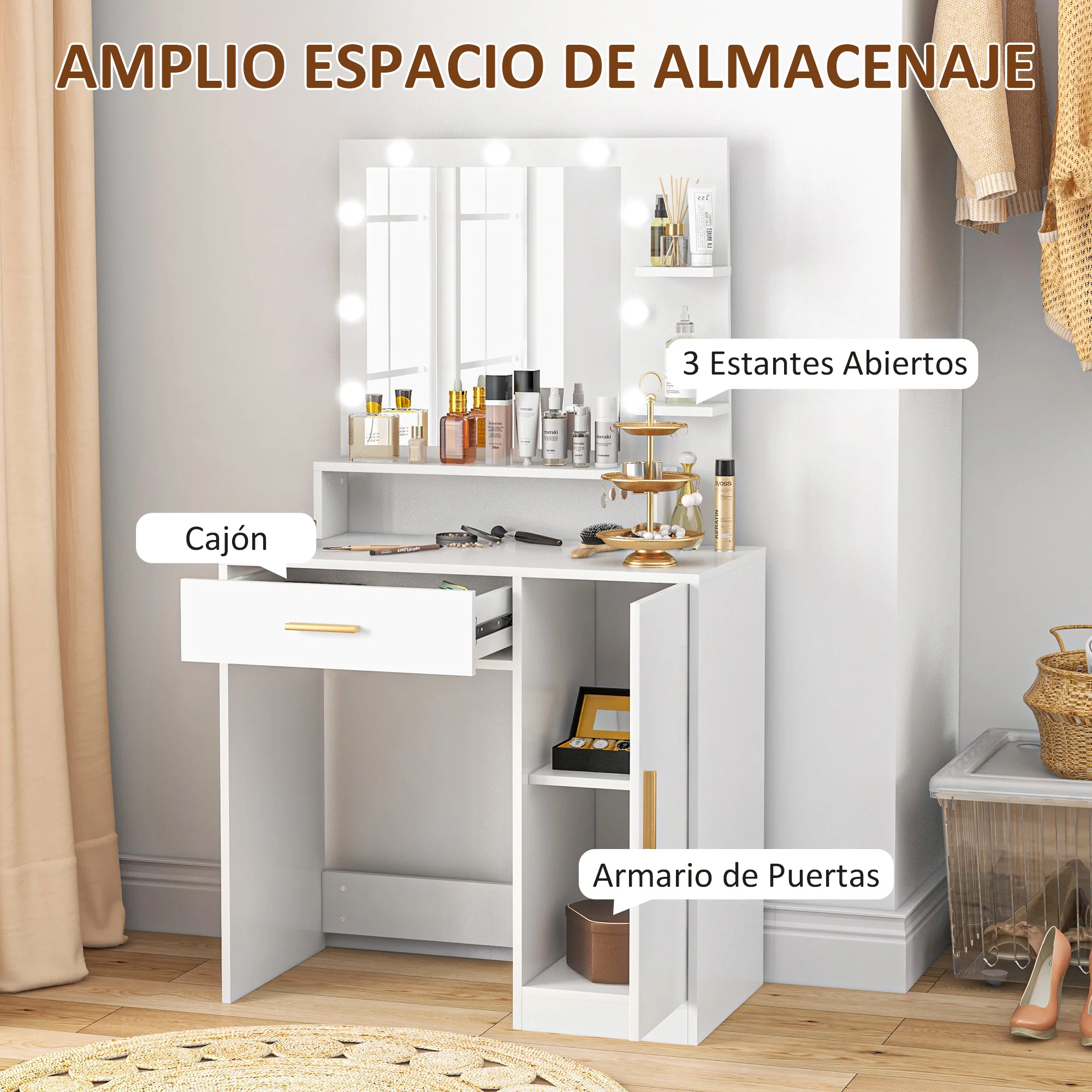 HOMCOM Tocador de Maquillaje con Taburete Mesa de Maquillaje con Espejo LED Cajones Estante Ajustable y Estantes Abiertos para Dormitorio Sala de Estar Blanco - imagen 5