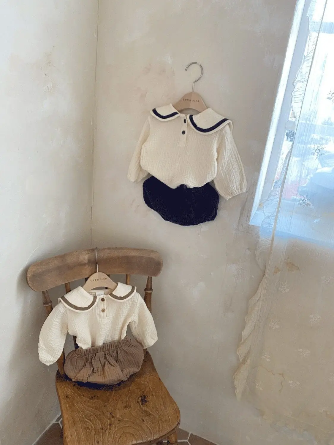 Conjunto de ropa de algodón puro para bebés recién nacidos, niñas y niños, camisetas de manga larga con cuello azul marino, pantalones de pan sólidos, 2 uds. - imagen 2