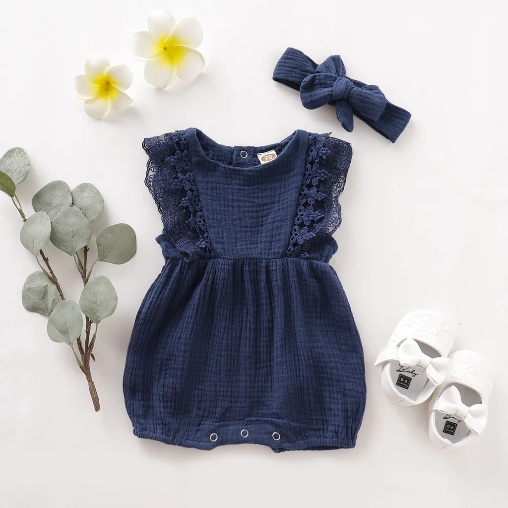 Pelele de encaje sin mangas para niña recién nacida, mono de 2 piezas con diadema, mono de ocio diario para niña pequeña de 0 a 18 meses - imagen 3