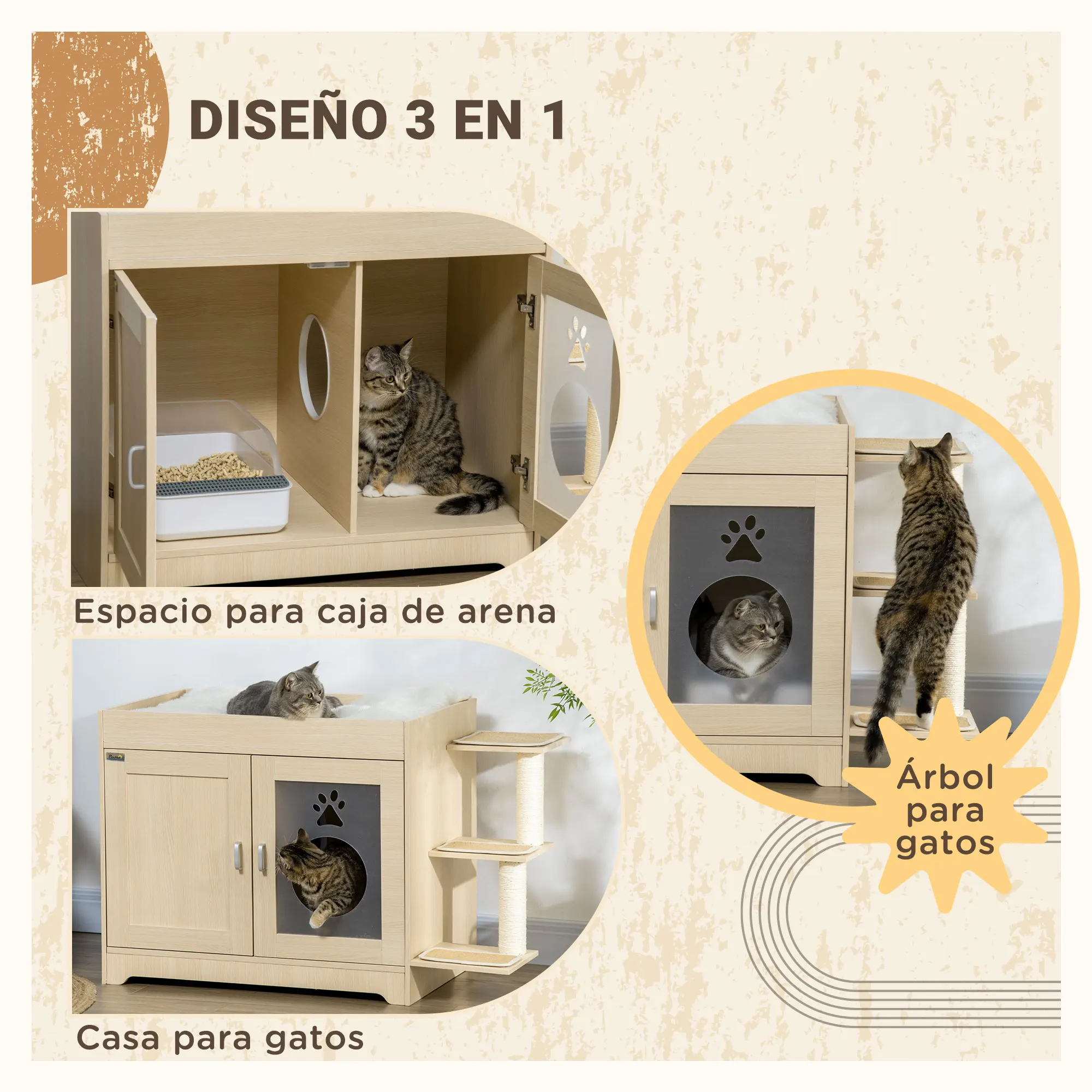 PawHut Arenero para Gatos de Madera con 2 Puertas Mueble Arenero para Gatos con Cama Cojín Suave 3 Plataformas y Postes de Sisal 107x54x70 cm Roble - imagen 4