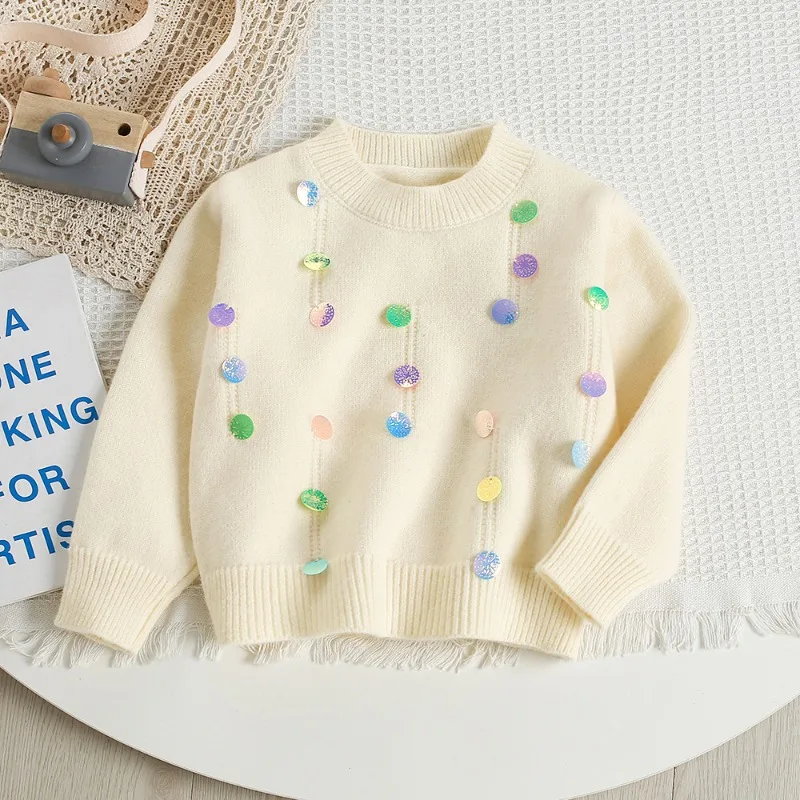 ¡Nuevo suéter suelto de estilo perezoso para niñas esta primavera y otoño! Top de punto de moda y fácil de usar, color liso y adornado con lentejuelas. - imagen 3