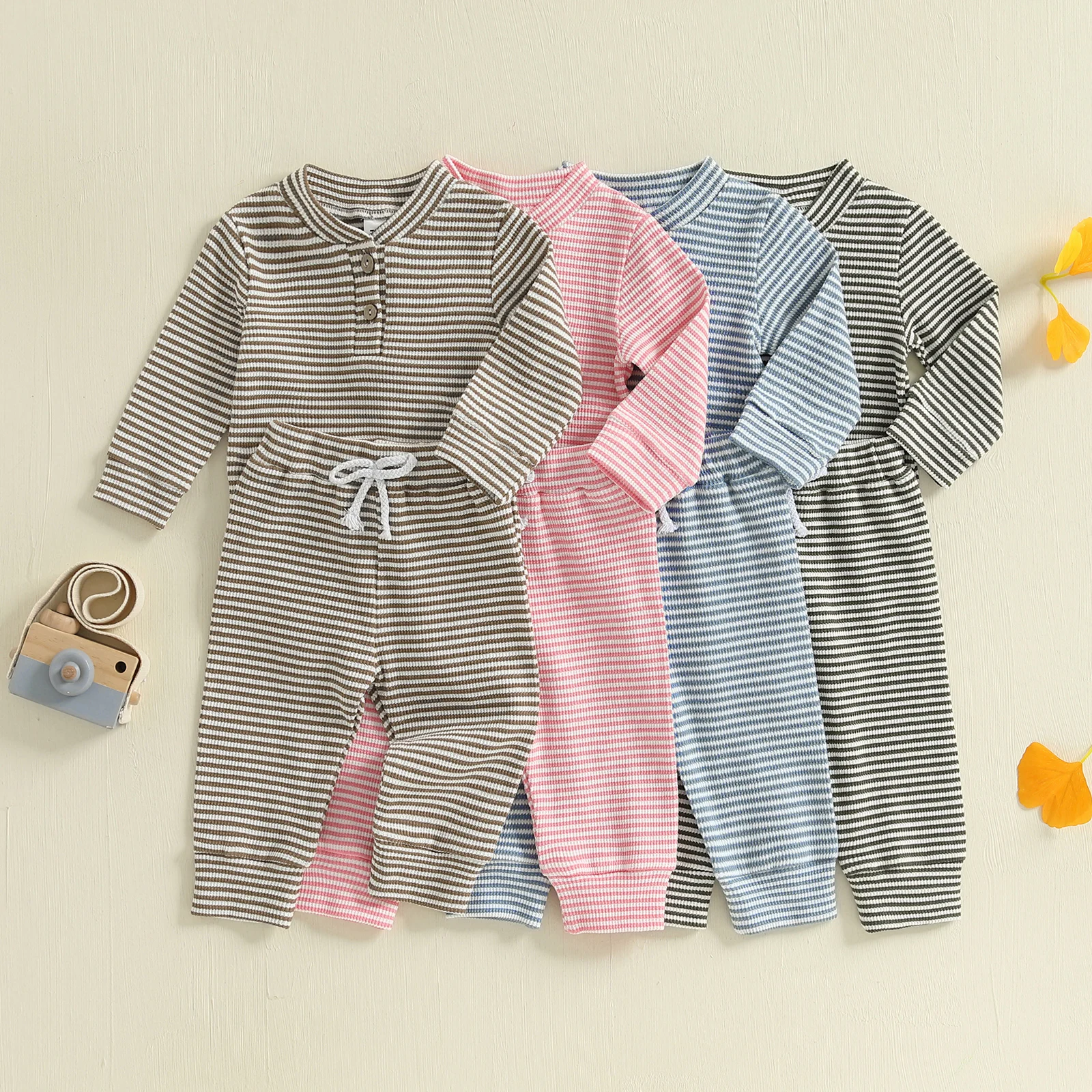 VISgogo Ropa de otoño para bebés y niñas, pelele de manga larga a rayas, pantalones de cintura elástica, traje para recién nacidos de 2 piezas - imagen 2