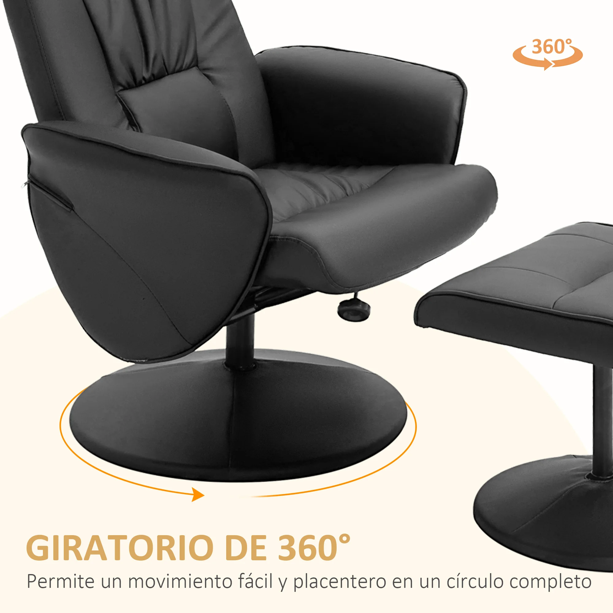 HOMCOM Sillón de Salón con Otomana Reposapiés Tapizado en PU Sillón Relax Reclinable hasta 145° y Giratorio 360° con Respaldo Ajustable para Salón Dormitorio Oficina 76x81x101 cm - imagen 5