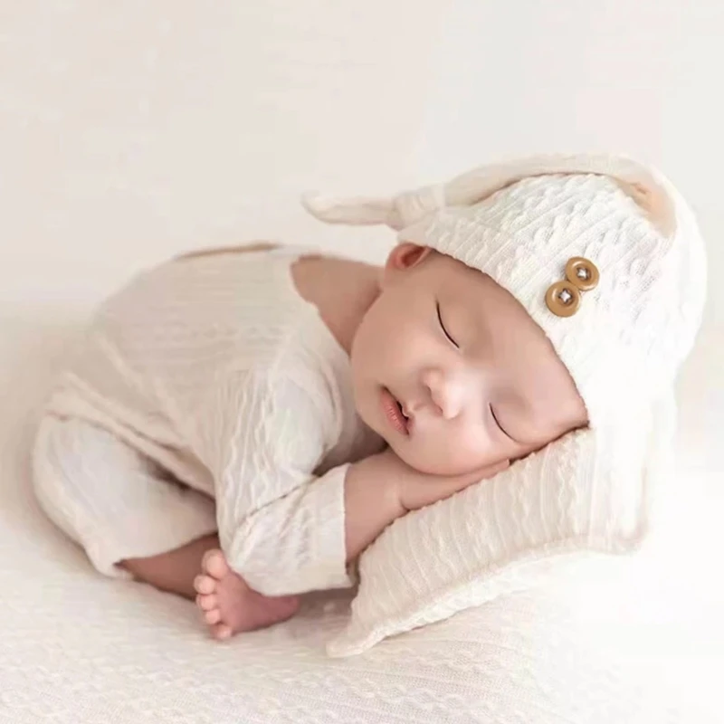 2 unids/set de accesorios para fotografía de niño recién nacido, ropa tejida, mono para bebé, conjunto de sombrero con nudo, mono para sesión de fotos, gorros - imagen 2