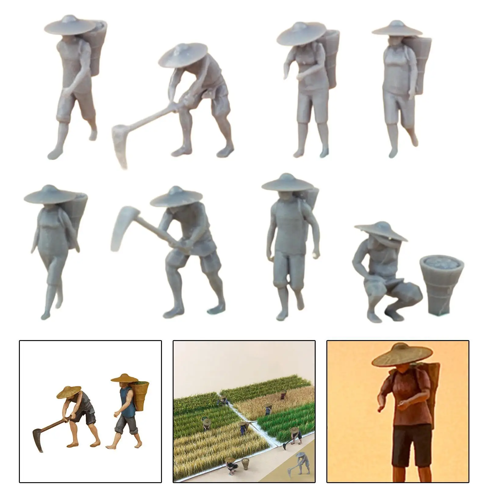 8x 1:87 Scale Farmer Figures Character Model Resin Collectible Tiny People Model Play Figure for Micro Landscape Fairy Garden