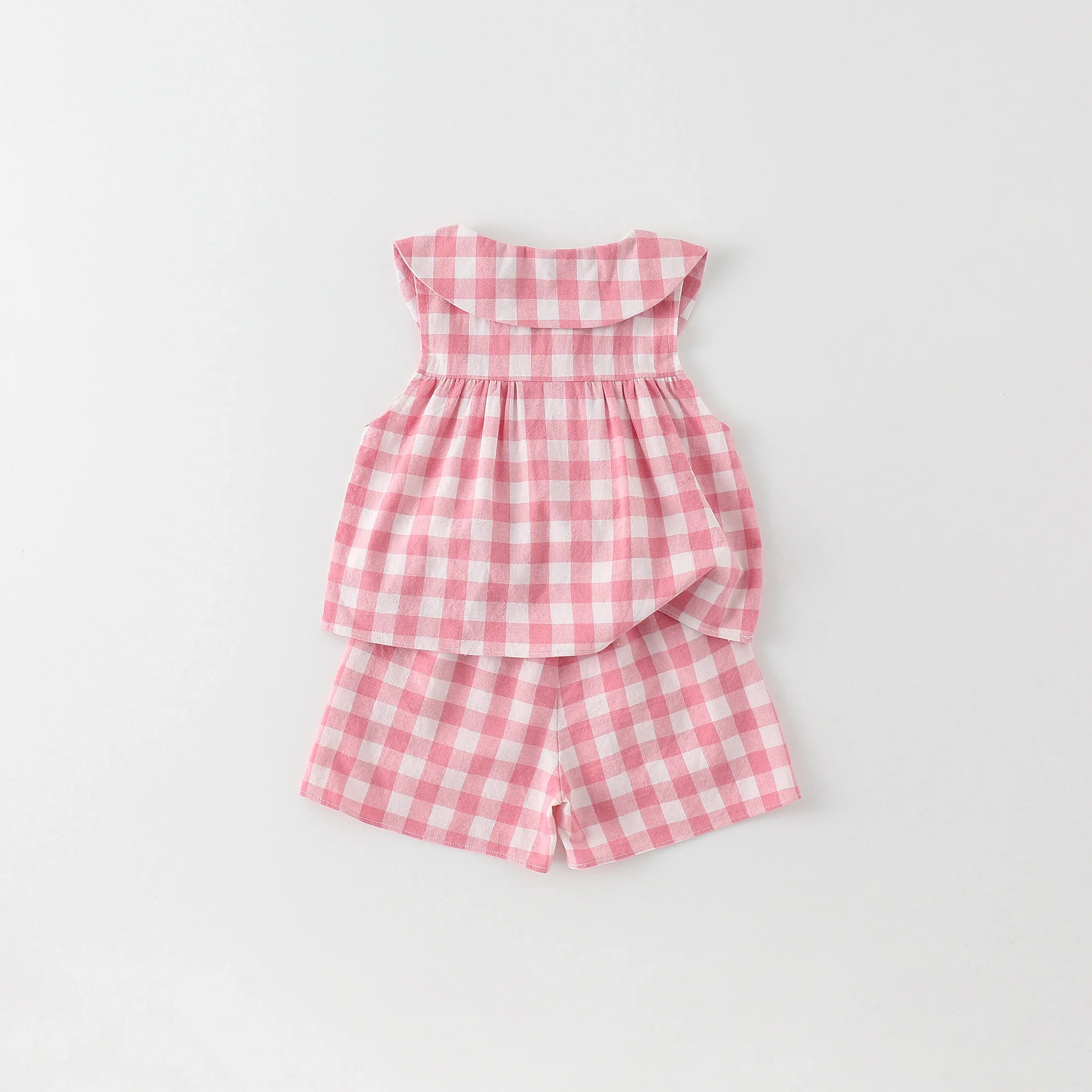 Conjunto de ropa de verano para bebé, camiseta con volantes a cuadros, pantalones cortos combinados, traje rosa, Tops básicos sin mangas, pantalones cortos de estilo holgado, 2 uds. - imagen 3