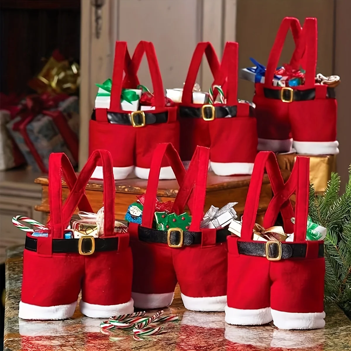Bolsas de dulces navideñas para festividades, 1/6 piezas de pantalones de Papá Noel, tamaño pequeño, perfecto para regalos de Año Nuevo y Navidad