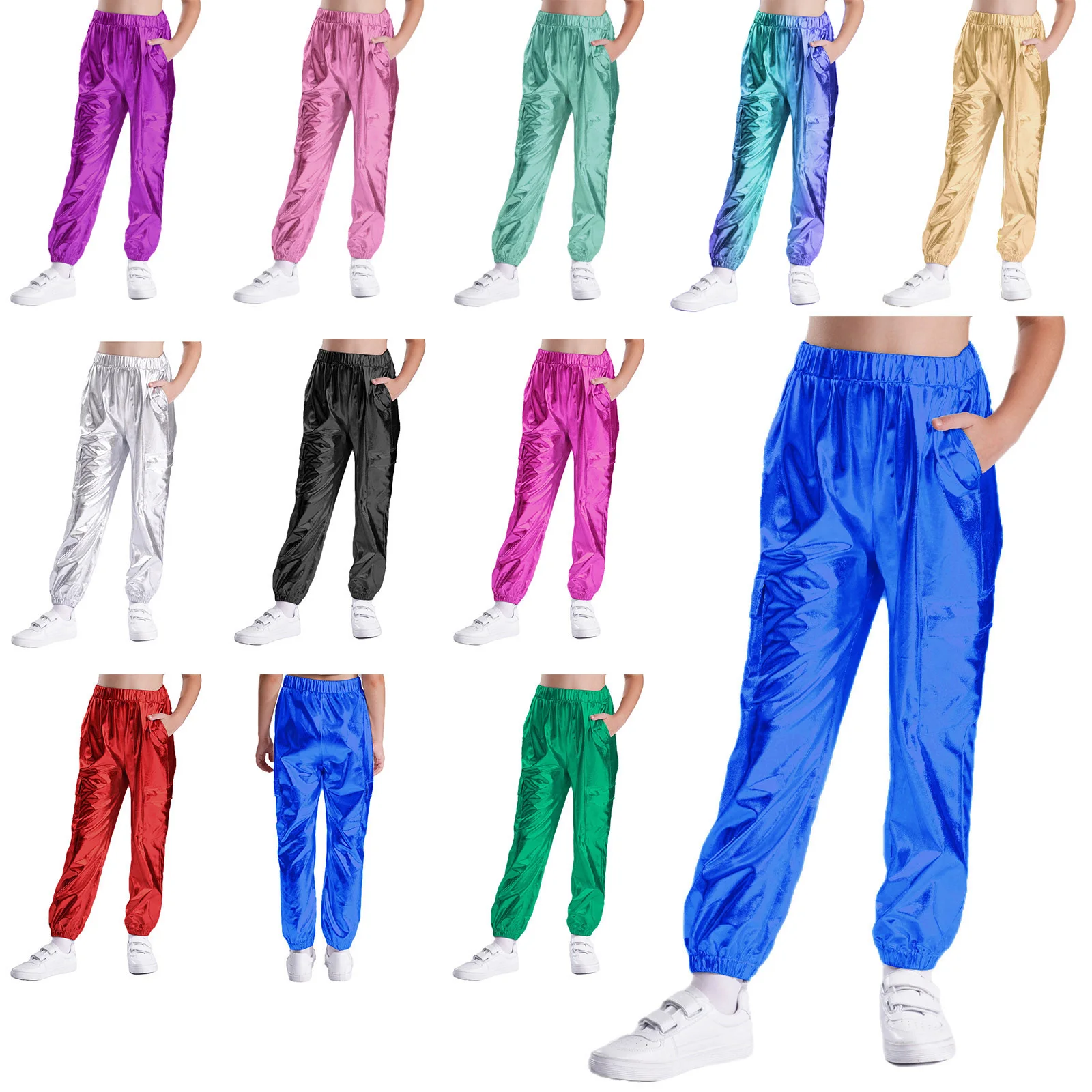 Pantalones de baile jazz hip-hop metálicos para niños con bolsillos - imagen 3