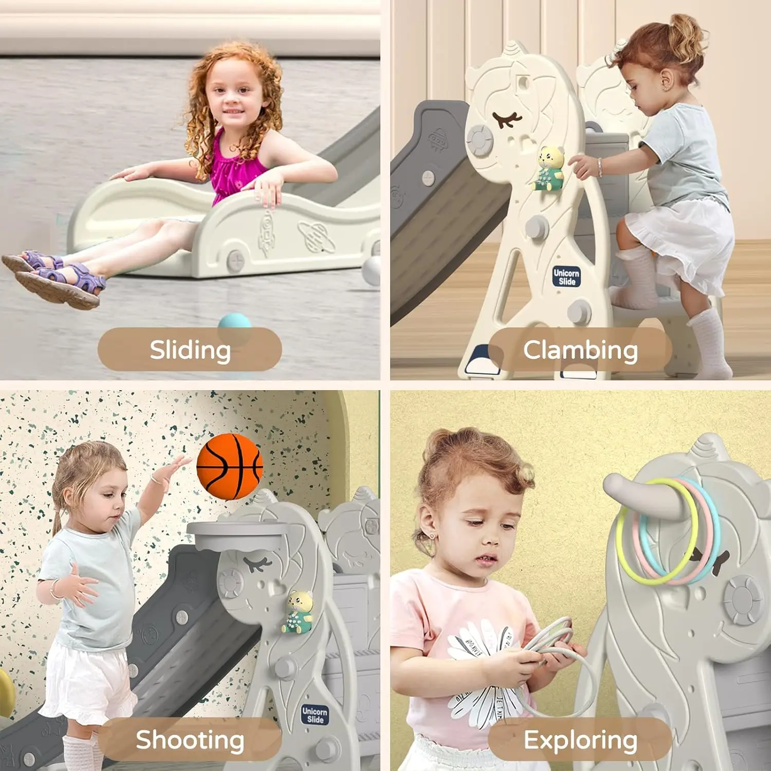 Tobogán plegable para niños con aro de baloncesto y anillas - imagen 5
