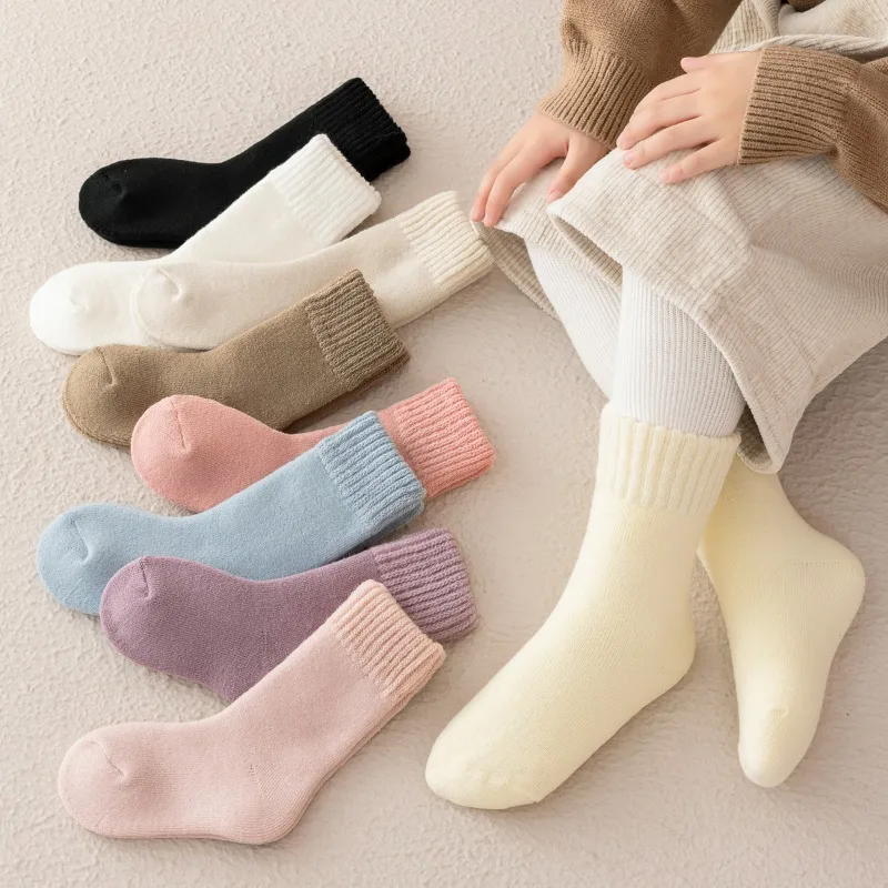 Calcetines térmicos suaves y cálidos de lana para niñas, medias de felpa de Cachemira para bebés, calcetines de invierno y otoño de Color sólido, calzado acogedor para niños