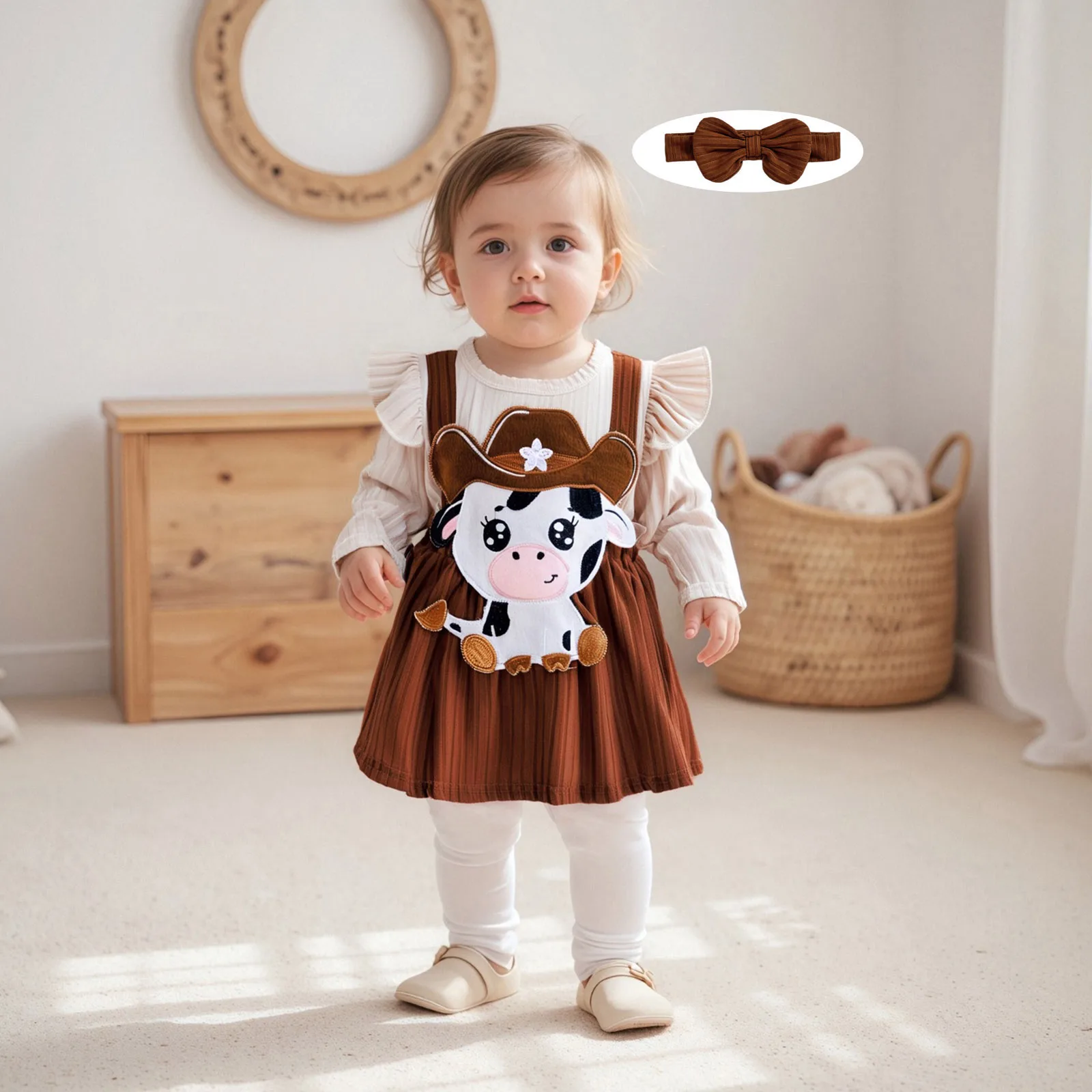 SUNSIOM Conjunto de 2 piezas de trajes de otoño para niñas, mameluco bordado de vaca de manga larga con diadema, ropa occidental para recién nacidos - imagen 3