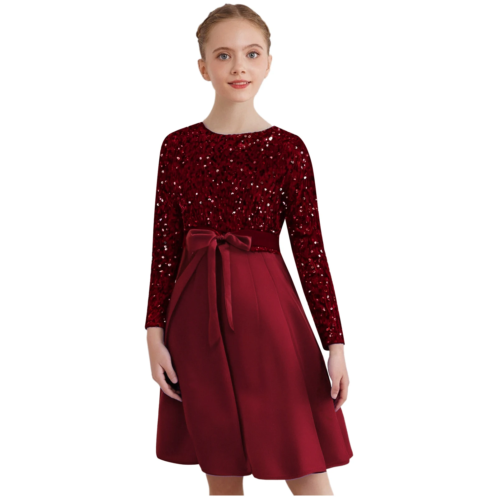 Vestido de flores para niñas, vestido de fiesta con lentejuelas, manga larga, cintura alta, hasta la rodilla, vestido plisado con cinturón para banquete, desfile de boda - imagen 3