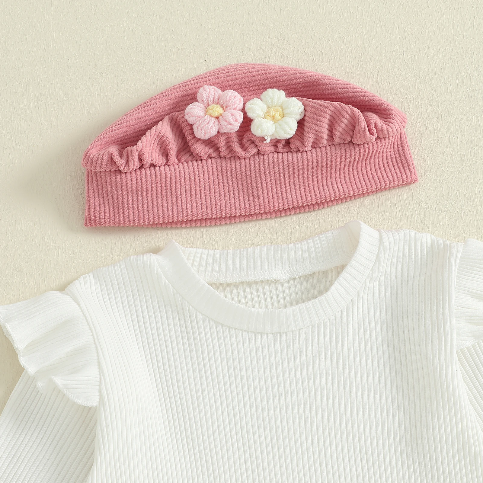 Ropa linda para niñas, camiseta de manga larga con cuello redondo y mono de flores y sombrero, traje de otoño de 3 piezas - imagen 4