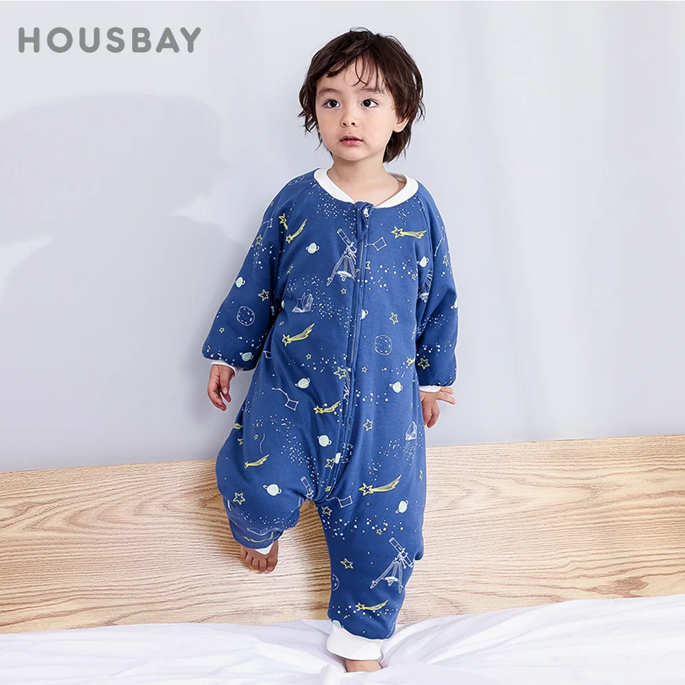 Saco de dormir para bebé, estampado espacial azul marino para niños, algodón suave, sacos de dormir cálidos para otoño e invierno, ropa de dormir para niños con pierna abierta