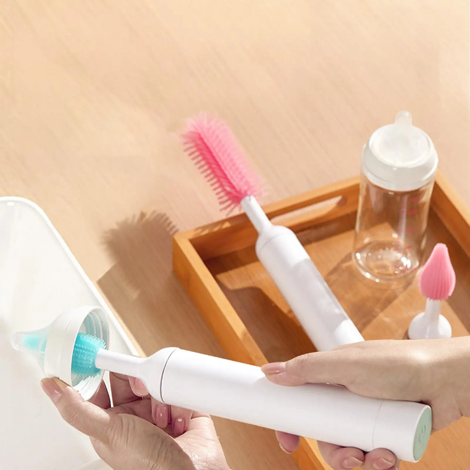 Cepillo para biberones eléctrico impermeable, cepillo para lavadora de biberones, Kit de herramientas reemplazable, suministros de limpieza para mujeres, mamá, cocina casera - imagen 2