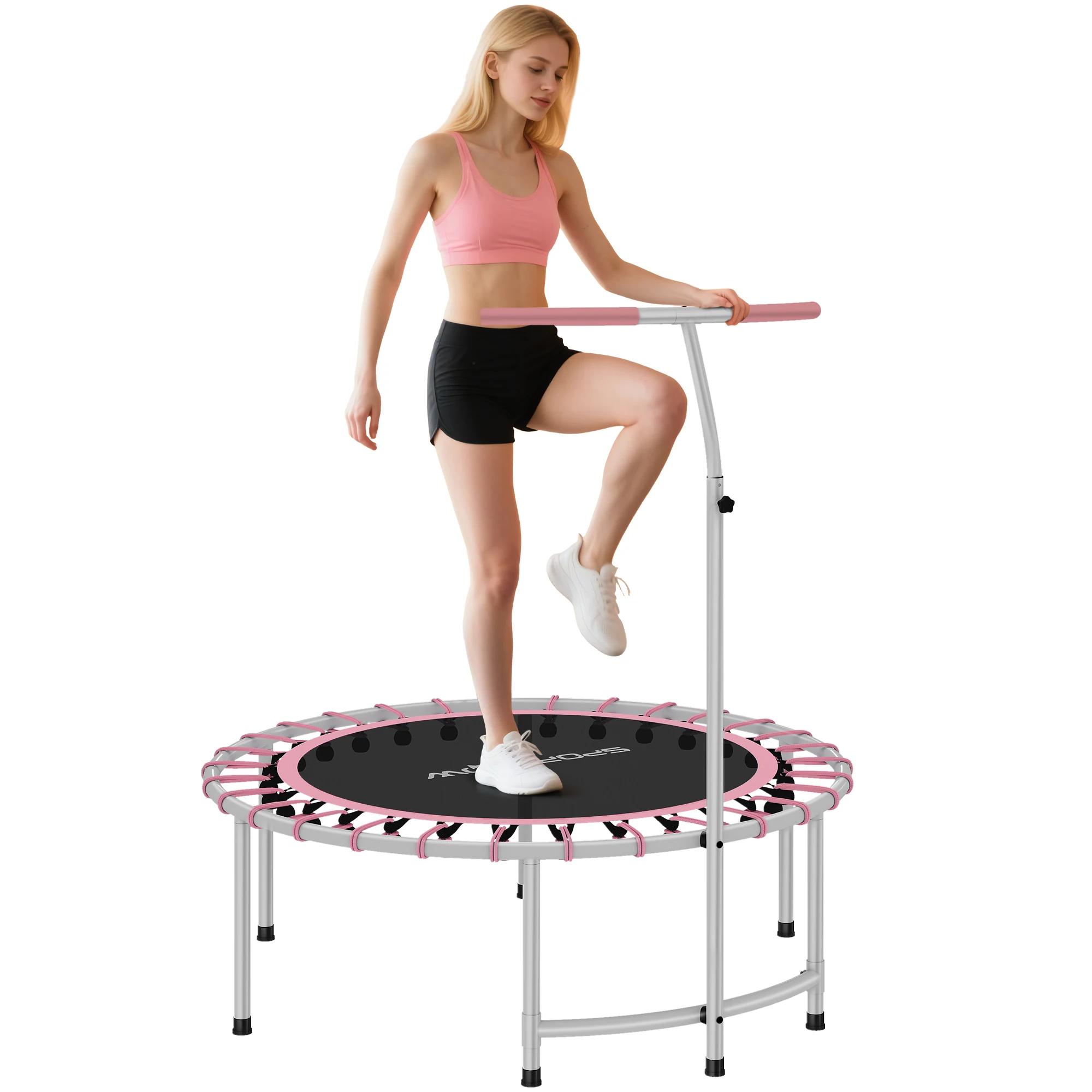 SPORTNOW Trampolín de Fitness Adultos Ø102 cm, Mini Cama Elástica Fitness con Mango Ajustable de 5 Niveles, Marco de Acero, para Entrenamiento Piernas, Cuerpo en Hogar, Oficina, Gimnasio, Rosa