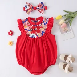 Vestido verano algodón sin mangas para recién nacida con lazo rojo