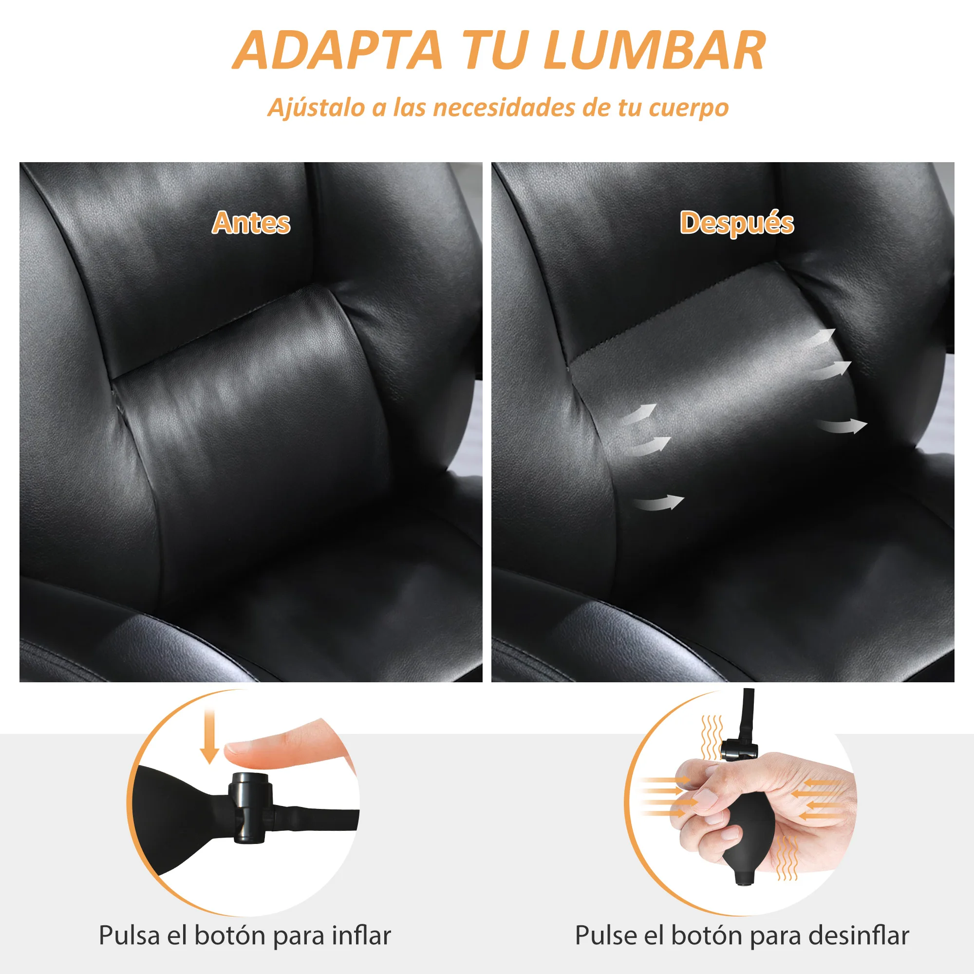 HOMCOM Silla de Escritorio con Soporte Lumbar Inflable, Tapizada en PU, Silla de Oficina Giratoria con Reposapiés, Respaldo Reclinable, Respaldo Alto, Altura Ajustable - imagen 4